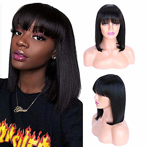

short bob human hair wig with bangs brazilian human hair straight wig with bangs for women none lace front wigs natural black 12 inch