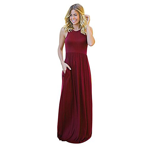 

2018 newest maxi dress beach summer sundress womens solid long boho dress wine red