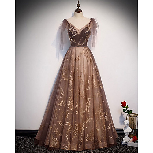 

A-Line Luxurious Engagement Formal Evening Dress V Neck Sleeveless Floor Length Tulle with Crystals Embroidery 2021