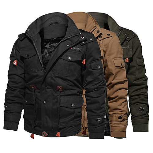 

Men's Hiking Jacket Hiking Fleece Jacket Winter Outdoor Solid Color Thermal Warm Waterproof Windproof Fleece Lining Winter Jacket Top Camping / Hiking Hunting Fishing Black Khaki Green / Breathable