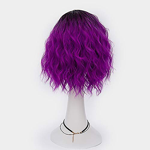 

ombre purple wig for women 14'' dark root lolita curly wavy bob hair wig for halloween cosplay party with cap(bright purple f8)
