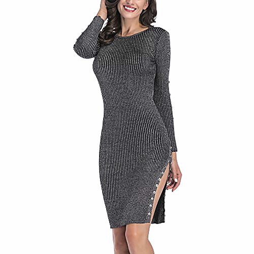 

women crew neck knit bodycon split casual winter pencil dress black xl