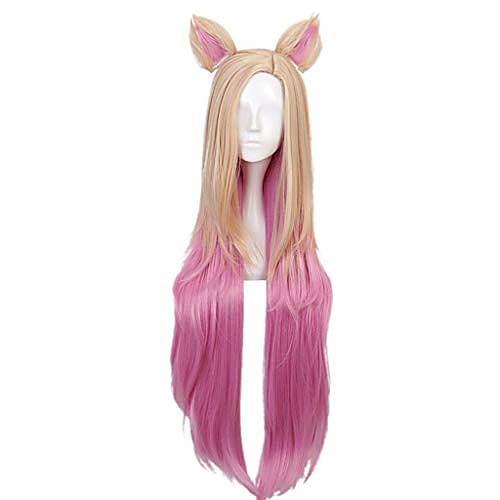 

kda baddest ahri cosplay wigs lol kda cosplay blonde mixed pink wigs with ears heat resistant synthetic hair game