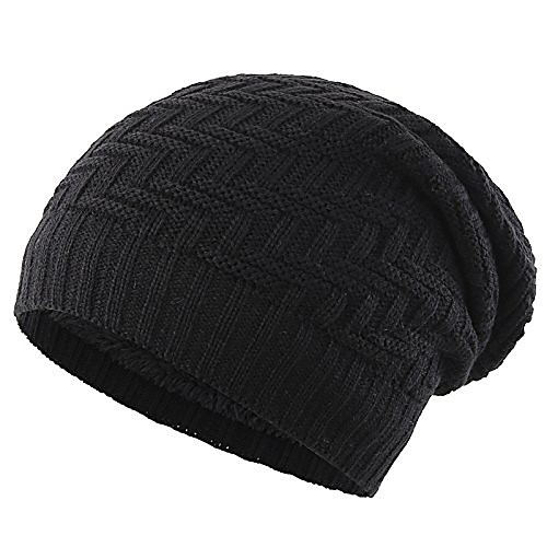 

men's thick slouchy cable knit beanie hat daily long skull cap warm winter hats watch cap black