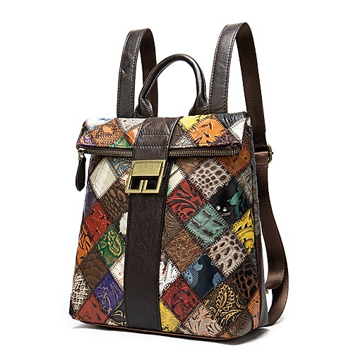 

Women's Cowhide School Bag Commuter Backpack Large Capacity Zipper Embossed Color Block Geometric Daily Outdoor Retro Backpack Rainbow