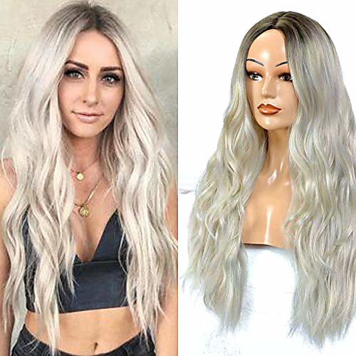 

ombre long wavy wigs with dark roots natural realistic hairline curly synthetic wig for women middle parting 2 tone color heat resistant fiber(platinum blonde)