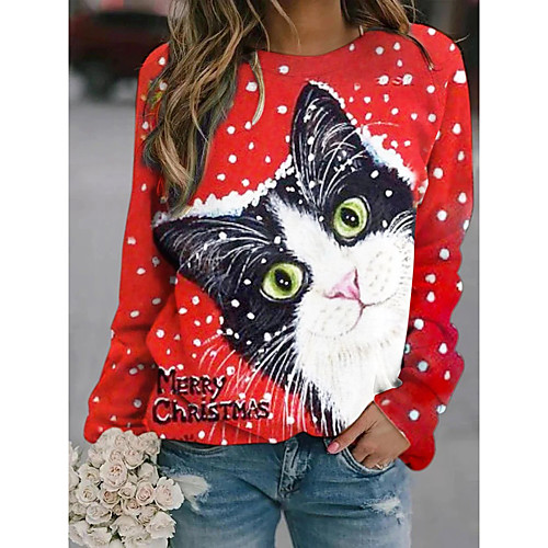 

Women's Pullover Sweatshirt Polka Dot Cat Animal Print Other Prints Basic Hoodies Sweatshirts Red