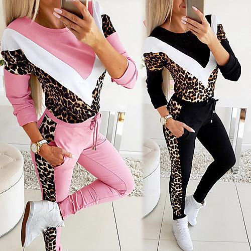 

Women's 2 Piece Splice Tracksuit Sweatsuit Casual Athleisure Long Sleeve 2pcs Winter Thermal Warm Breathable Soft Fitness Gym Workout Jogging Training Sportswear Leopard Normal Outfit Set Clothing