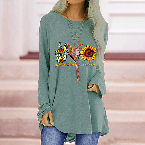 

Women's T shirt Dress Tunic Floral Plain Letter Long Sleeve Print Round Neck Tops Cotton Basic Basic Top Black Blue Red