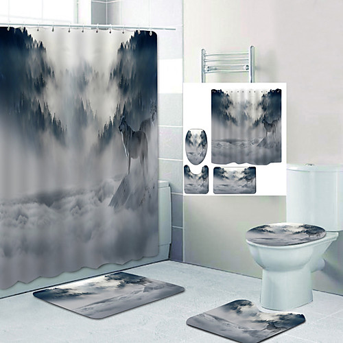

4 Pcs Clouds And Gray Wolf Mountain Digital Printing Shower Curtain Sets with Rugs, Toilet Lid Cover, Contour Pad and Bath Mat With Hooks Shower Curtain Polyester Waterproof