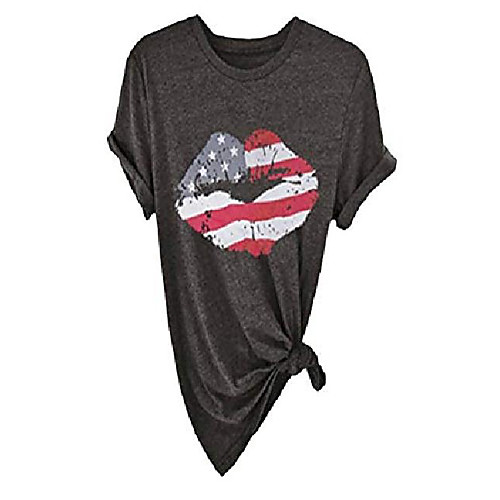 

women's american flag lips print short sleeve graphic funny t-shirt 4th of july tunic tops(gy8100,2xl)