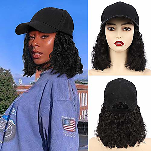 

short wave baseball cap wig with curly hair extensions synthetic wave wig hat for women adjustable black baseball hat