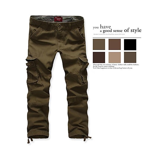 

mens casual pleated multi zipper pockets mid waist solid loose long pants khaki