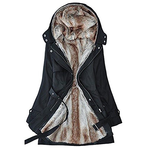 

lackingone women's thicken fleece faux fur hooded coat color black size l