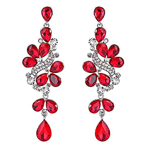 

wedding bridal dangle earrings for women victorian style crystal cluster teardrop leaves dangle earrings ruby color silver-tone