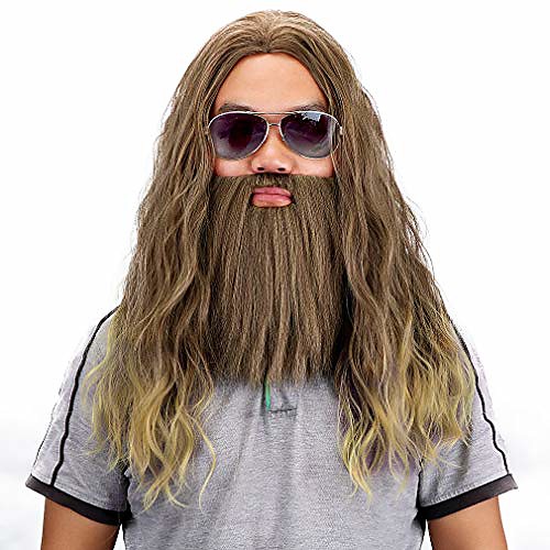 

long golden brown wig and beard-synthetic curly party costume halloween anime cosplay wigs and beards for men