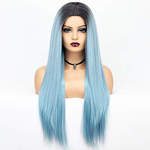 

ombre blue synthetic wigs with black roots long straight wig for women cosplay hair heat resistant