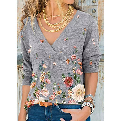 

Women's Blouse Shirt Floral Long Sleeve Print V Neck Tops Boho Basic Top Blue Purple Red