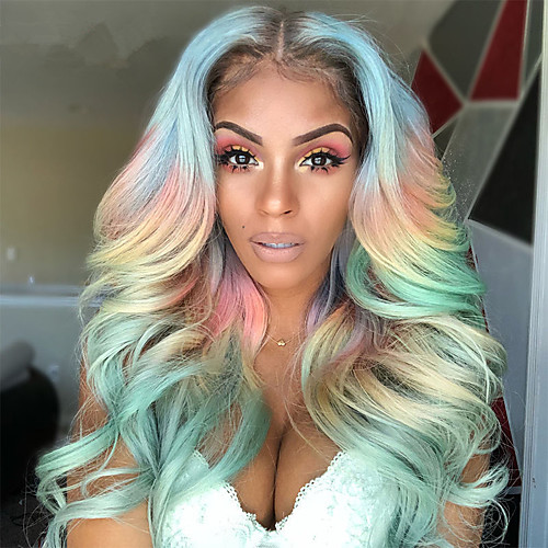 

Wigs Female Color Chemical Fiber Hair Cosplay Rainbow Wig Bleaching And Dyeing Mixed Colors In The Middle Of Large Wavy Long Curly Hair Holiday Party Wig