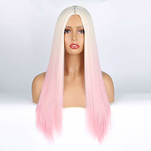 

long straight blonde wigs ombre light pink glueless synthetic wig for women girls,heat resistant replacement hair cosplay daily wear ombre color (r-pink)