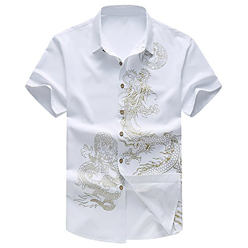 

men's stylish dragon print short sleeve slim button up shirt white us 3x-l