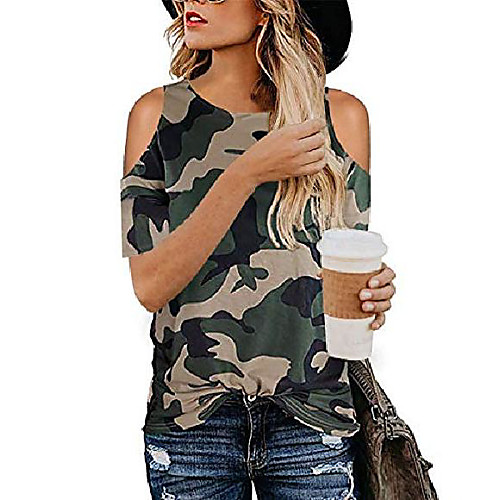 

women cold shoulder leopard zebra print tops summer casual twist shirts (camouflage, s)