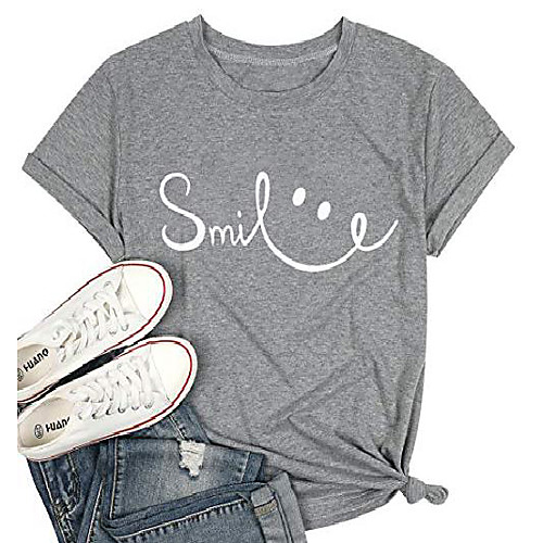 

smile t shirt for women cute smile graphic tee casual letter print short sleeve tops gray