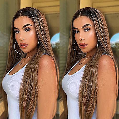 

straight hair golden brown wigs dark root ombre honey blond color two tone synthetic long wigs heat resistant fiber hair for black women 24 inch #1b/#27 gold wigs