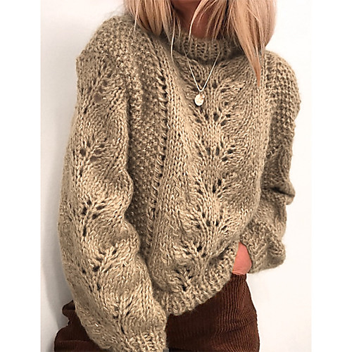 

Women's Knitted Hollow Out Solid Color Pullover Long Sleeve Sweater Cardigans Crew Neck Fall Winter Yellow Khaki Gray