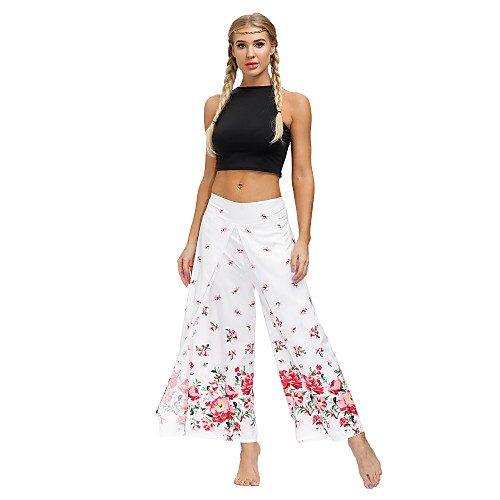 

Women's Yoga Pants Wide Leg High Split Bottoms Breathable Quick Dry Bohemian White Yoga Fitness Gym Workout Sports Activewear / Casual / Athleisure