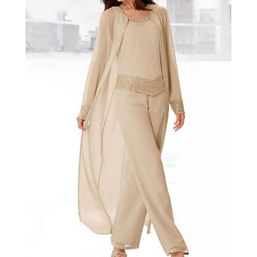 

Pantsuit / Jumpsuit Mother of the Bride Dress Elegant Jewel Neck Floor Length Chiffon Satin Long Sleeve with Sequin 2021