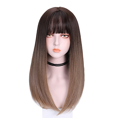 

Synthetic Wig Straight With Bangs Wig Medium Length Brown Purple Synthetic Hair 16 inch Women's Cool Color Gradient Comfy Brown Purple