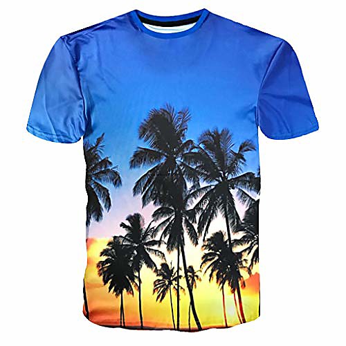 

allywit 2019 new mens coconut tree print t shirt short sleeve tee tops blouse cotton summer shirt blue