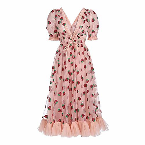 

women embroidered sequin strawberry cocktail dresses plunge v neck lace up pleated mesh midi party dress (pink short sleeve, xl)