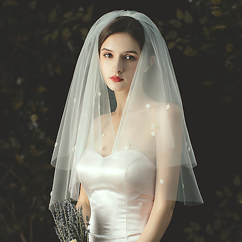 

Two-tier Stylish / Cute Wedding Veil Elbow Veils with Scattered Bead Floral Motif Style Tulle