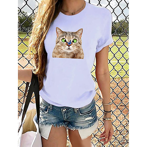 

Women's T shirt Graphic Prints Round Neck Tops 100% Cotton Basic Top Cat White Blue