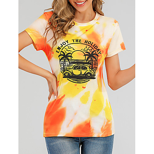 

Women's T shirt Graphic Tie Dye Text Print Round Neck Tops Basic Basic Top Blue Yellow Orange