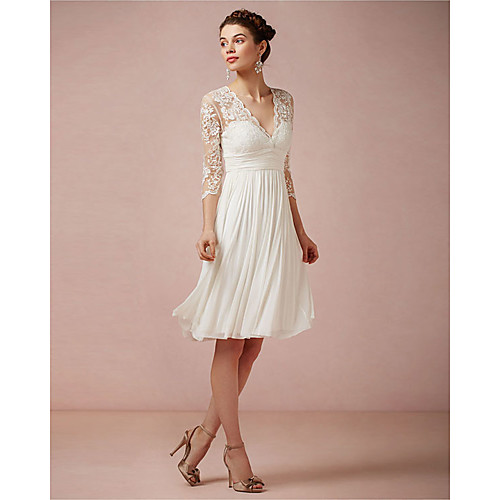 

A-Line Wedding Dresses V Neck Knee Length Lace 3/4 Length Sleeve Beach Little White Dress Illusion Sleeve with 2021