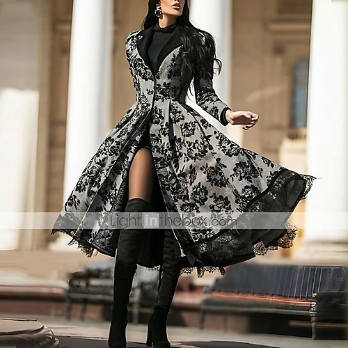 

Women's Swing Dress Midi Dress Black Long Sleeve Solid Color Lace Patchwork Fall Round Neck Sexy 2021 S M L XL XXL