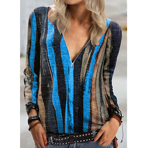 

Women's T-shirt Striped Tie Dye Graphic Prints Long Sleeve Print V Neck Tops Basic Basic Top Blue Purple Red