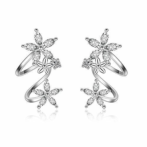 

flower fariry cz ear cuff wrap earrings for women girls fashion cubic zirconia clip crawler climber hypoallergenic (silver)