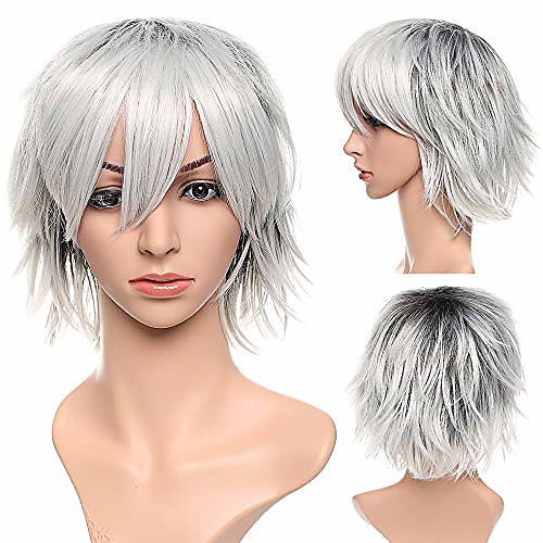 

women mens male short ombre anime cosplay costume wigs black to grey shaggy spiky layered straight comic halloween party synthetic hair full head wig unisex