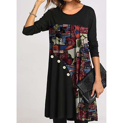 

Women's Shift Dress Knee Length Dress Black Long Sleeve Print Patchwork Print Fall Spring Round Neck Casual 2021 S M L XL XXL 3XL