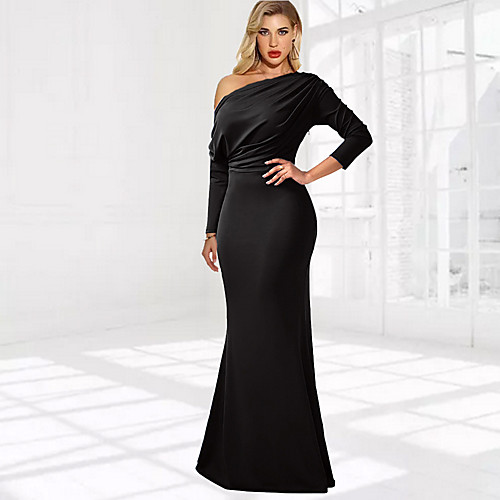

Women's Sheath Dress Maxi long Dress Black Red Long Sleeve Solid Color Backless Ruched Patchwork Fall Off Shoulder Elegant Sexy 2021 S M L XL XXL