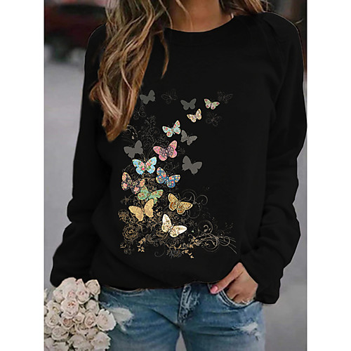 

Women's Pullover Sweatshirt Graphic Butterfly Daily Basic Casual Hoodies Sweatshirts Black