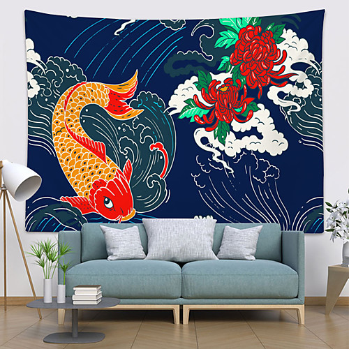 

Chinese Style Wall Tapestry Art Decor Blanket Curtain Hanging Home Bedroom Living Room Decoration Polyester Carp Flower Wave