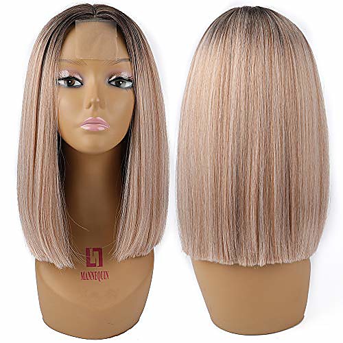 

forfeels brown to blonde ombre color lace wig synthetic straight hair bob cut wig middle part shoulder length fashion bob wigs for women (16inch, ash blonde)