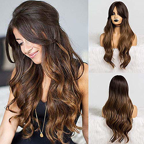 

synthetic dark brown long natural wave hair wigs with side bangs heat resistant fiber wigs for white black women