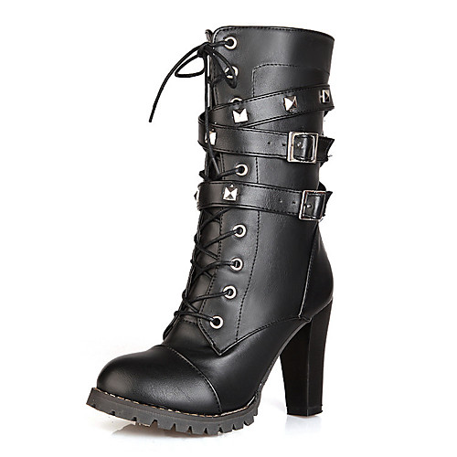 

Women's Boots Chunky Heel Round Toe Daily Walking Shoes PU Rivet Buckle Lace-up Solid Colored Black Brown / Mid-Calf Boots