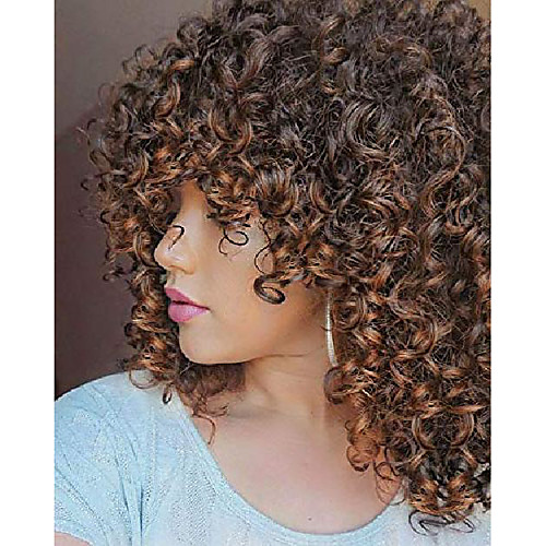 

lizzy short curly afro wigs for black women full synthetic natural ombre brown afro kinkys curly wig with bangs shoulder length heat resistant curly wigs for daily use (ombre brown)